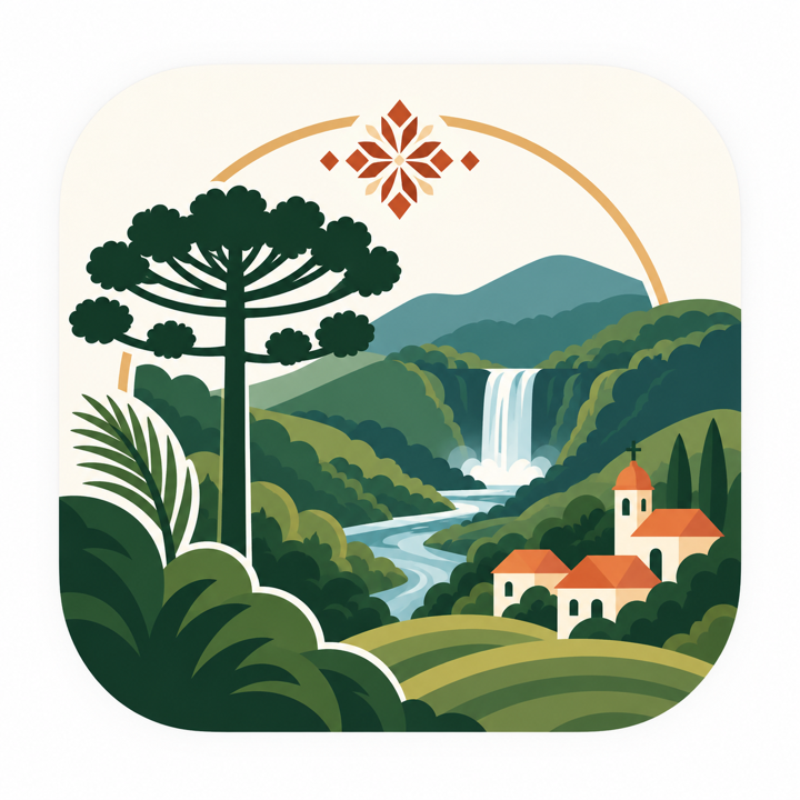Ilustração da araucária, cachoeira e casas de Prudentópolis